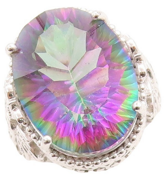 925 Sterling Silver Vintage Ring Floral Carved Oval Mystic Topaz Sz 7.5 RG30087