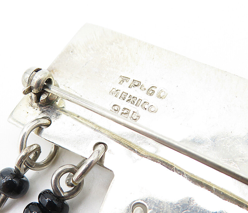 MEXICO 925 Silver  Vintage Black Onyx Dangling Charm Beads Brooch Pin  BP2080