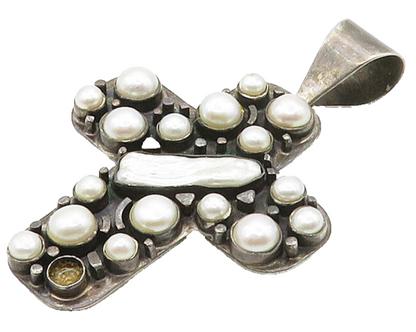 DTR JAY KING 925 Silver  Vintage Shiny Pearls Religious Cross Pendant  PT12590
