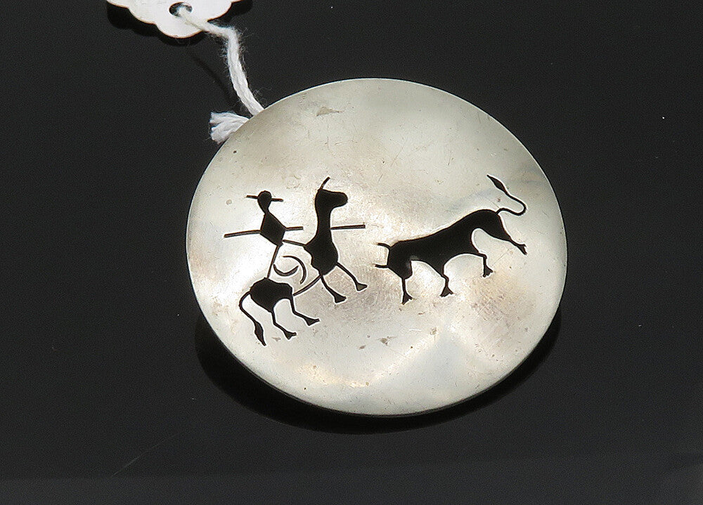 MEXICO 925 Sterling Silver  Vintage Man On Horse With Bull Brooch Pin  BP8143