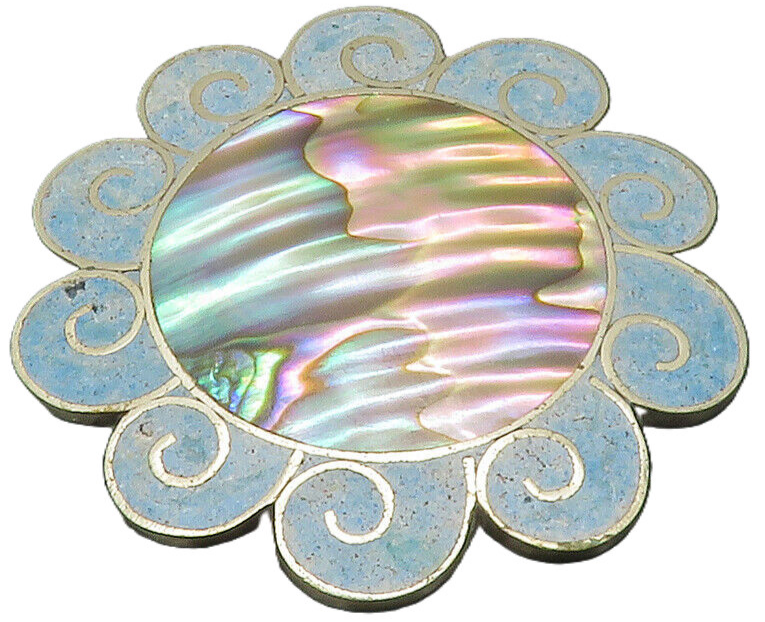 MEXICO 925 Silver  Vintage Abalone & Turquoise Swirl Flower Brooch Pin  BP4839