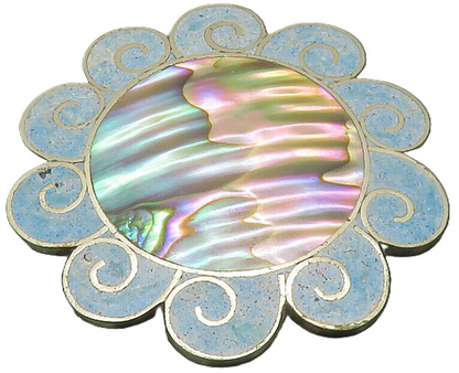 MEXICO 925 Silver  Vintage Abalone & Turquoise Swirl Flower Brooch Pin  BP4839