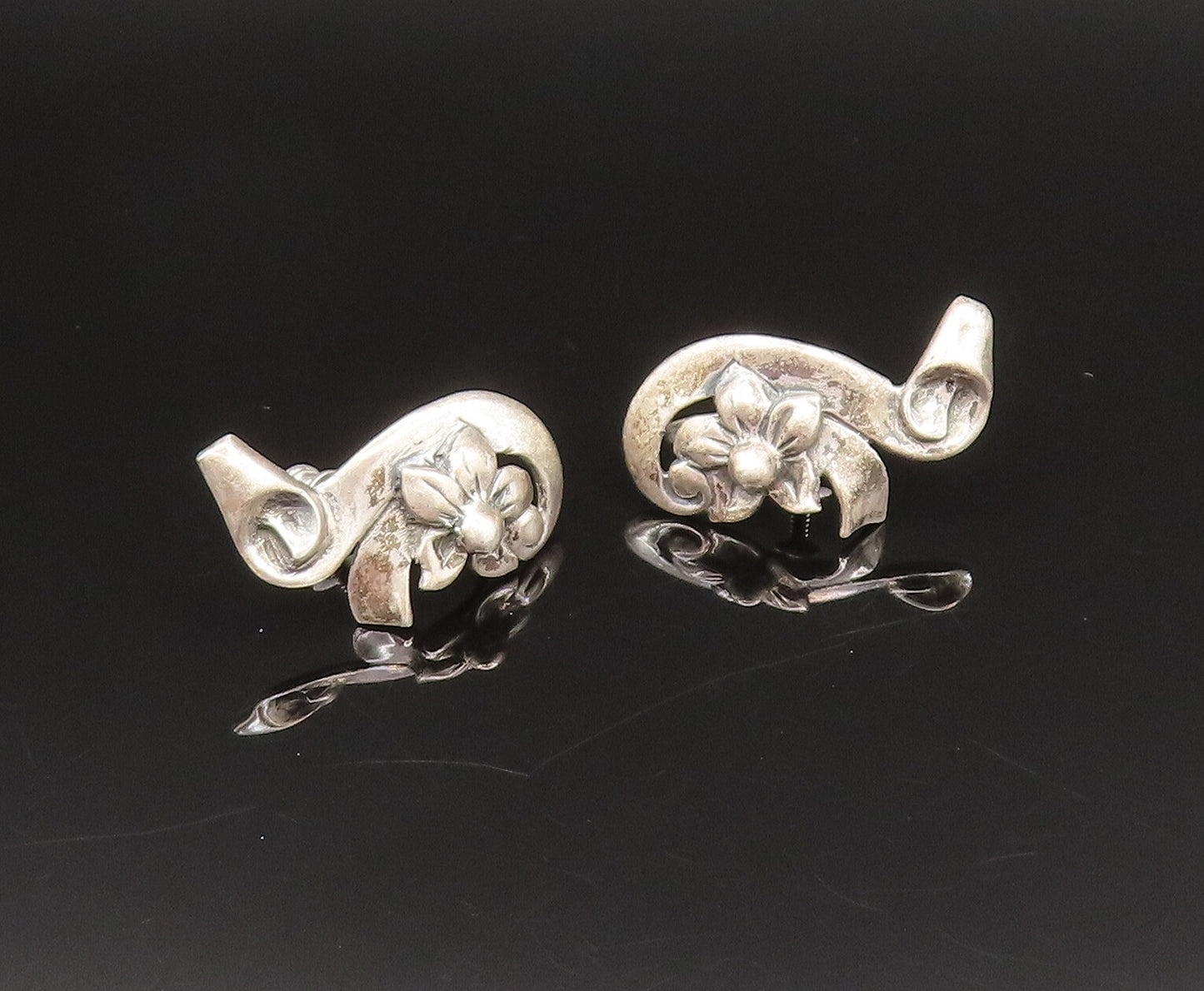 925 Sterling Silver  Vintage Floral Swirl Screw Back Drop Earrings  EG11909
