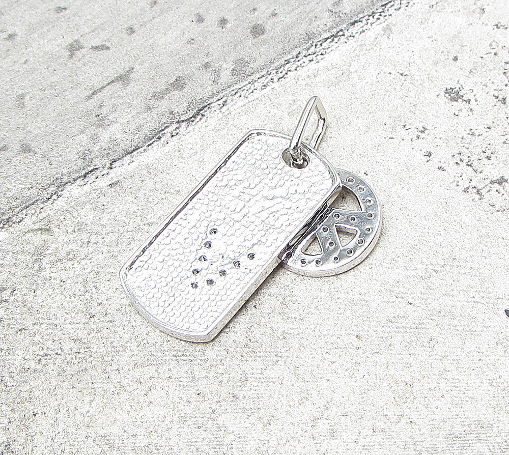 925 Sterling Silver  Cubic Zirconia Peace & Victory Tag Drop Pendant  PT1368