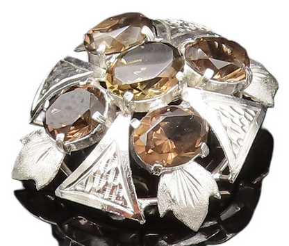 925 Sterling Silver  Vintage Smoky Quartz Leaf Fidget Dome Brooch Pin  BP9648