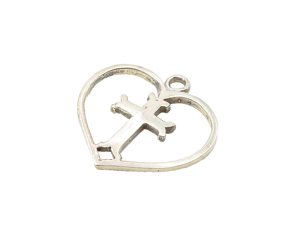 925 Sterling Silver  Vintage Religious Cross Open Love Heart Pendant  PT14708