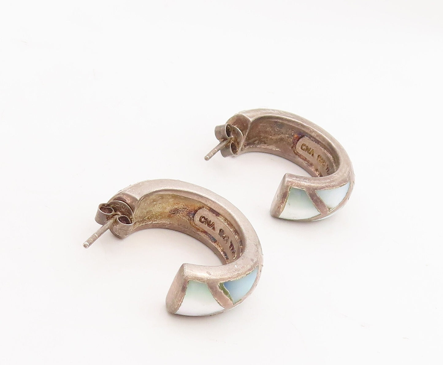 925 Sterling Silver Vintage Earrings Blue Mother Of Pearls Open Hoops  EG13110