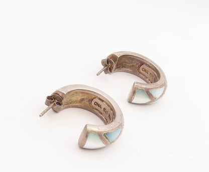 925 Sterling Silver Vintage Earrings Blue Mother Of Pearls Open Hoops  EG13110