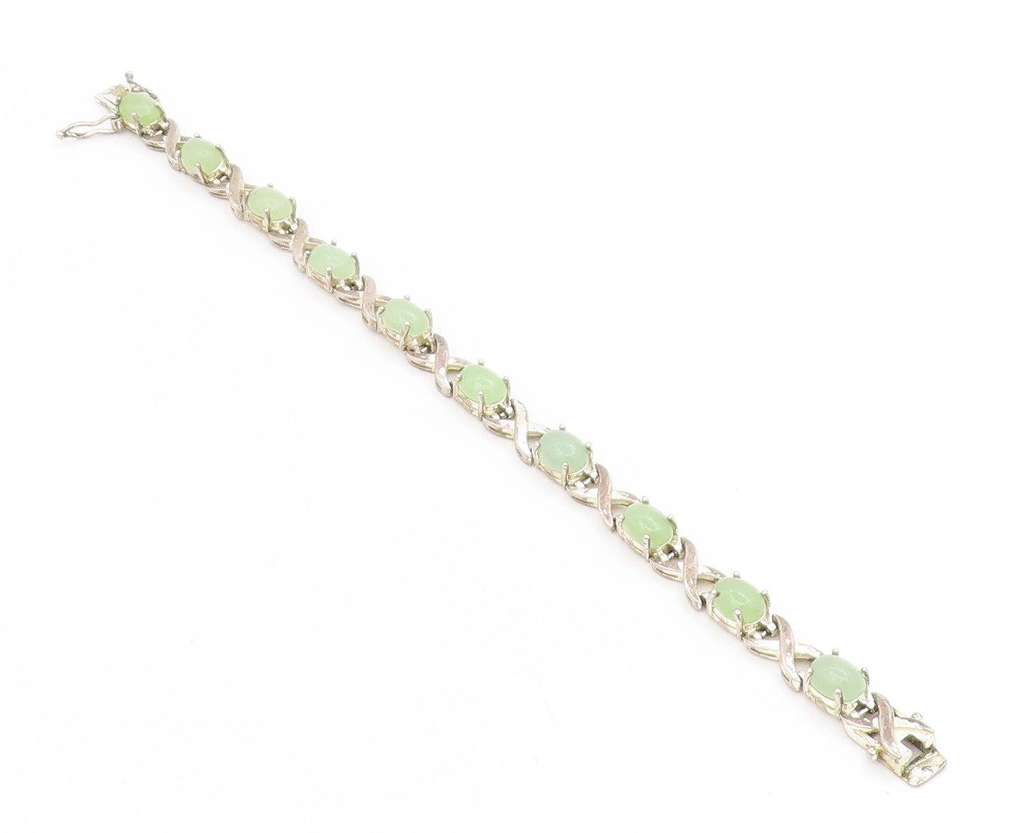 925 Sterling Silver Vintage Bracelet Oval Jade Elegant Crisscross Link  BT11744