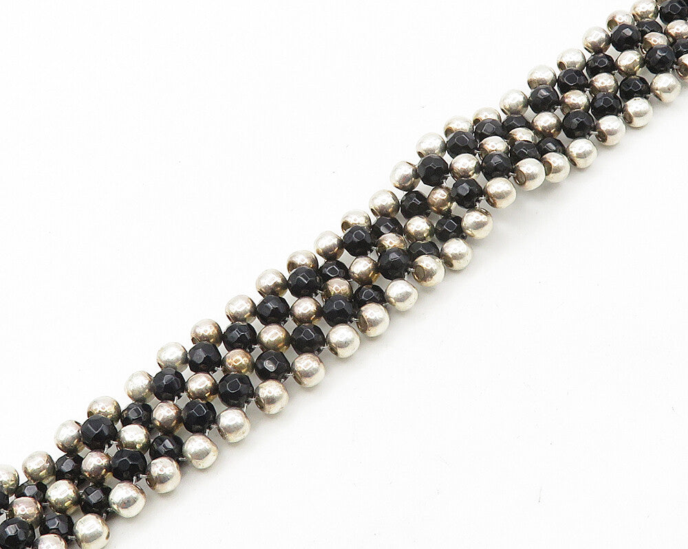 MEXICO 925 Silver  Vintage Heavy Black Hematite Beaded Chain Necklace  NE2948