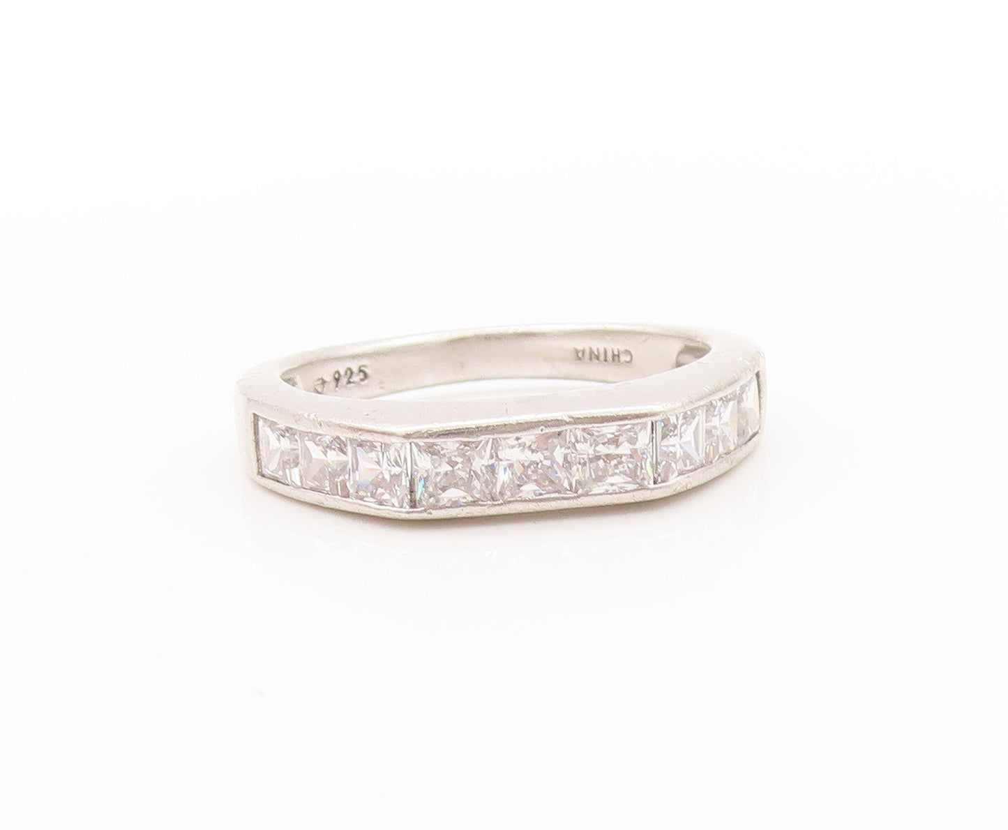 925 Sterling Silver Vintage Ring Modernist Square Cut CZ Inlay Band Sz 8 RG32742