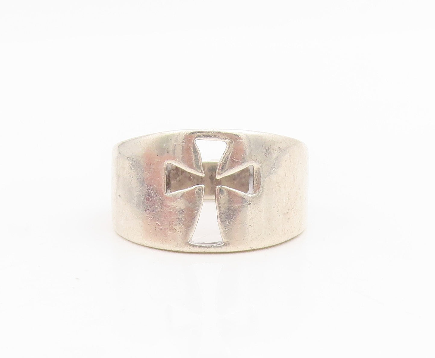 925 Sterling Silver Vintage Ring Minimalist Cutout Religious Cross Sz 7 RG34898