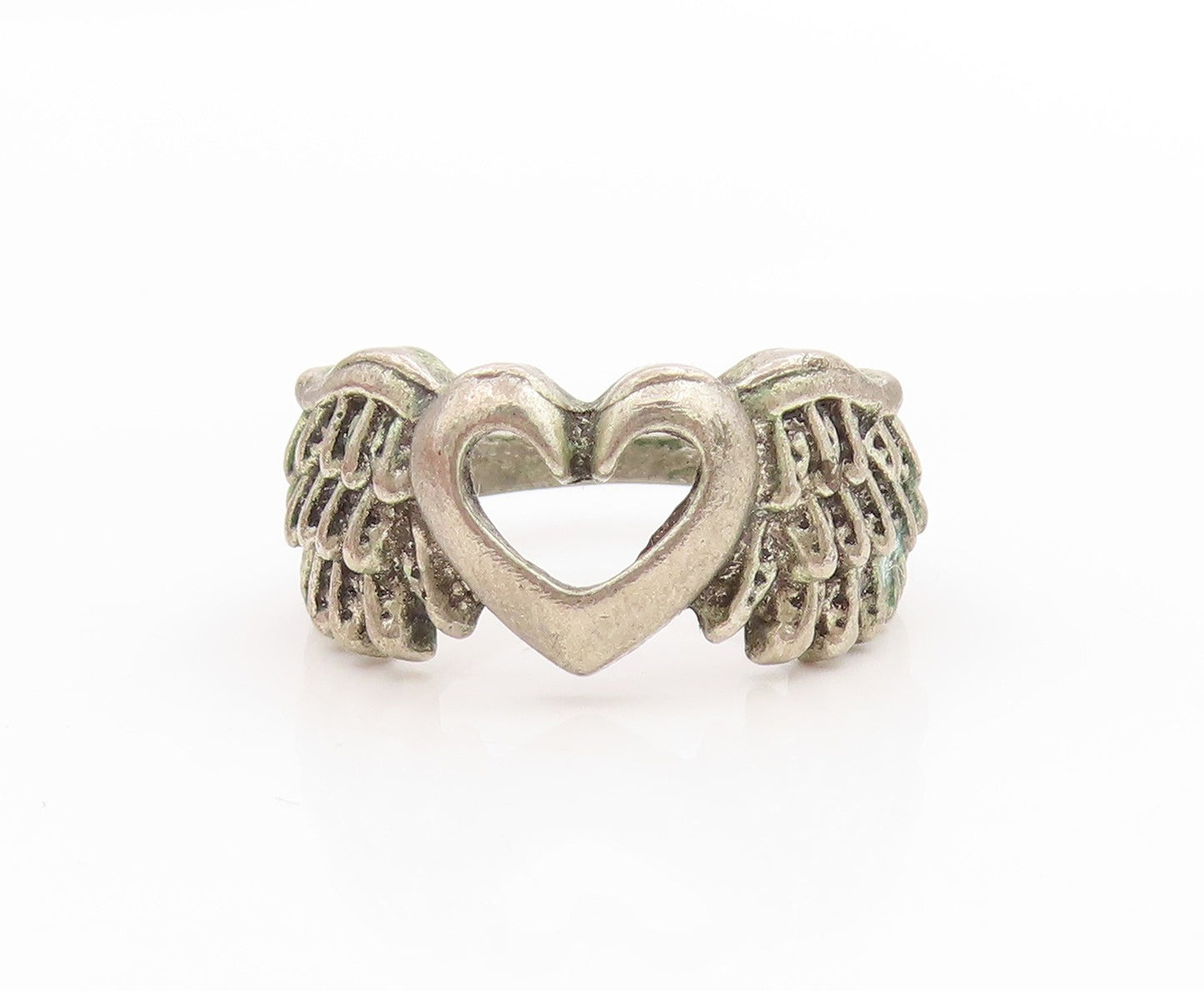925 Sterling Silver Vintage Ring Angel Wing Open Love Heart Band Sz 6.5 RG34094