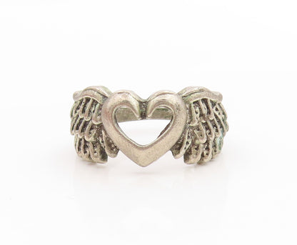 925 Sterling Silver Vintage Ring Angel Wing Open Love Heart Band Sz 6.5 RG34094