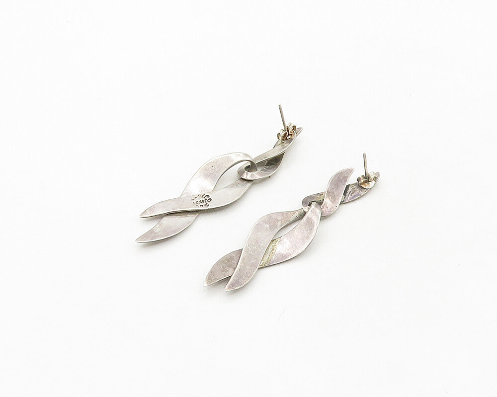 MEXICO 925 Sterling Silver  Vintage Dark Tone Ribbon Dangle Earrings  EG9274
