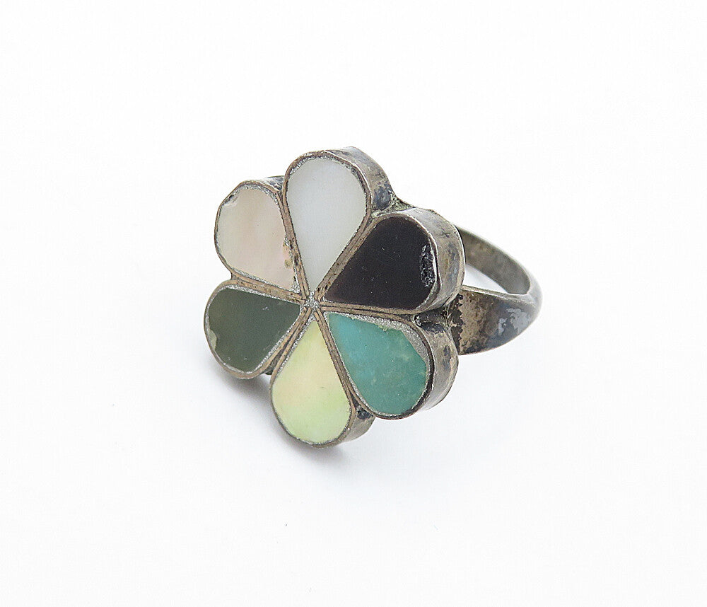 925 Silver Vintage Antique Mother Of Pearl & Multi Stone Ring Sz 6 RG6626