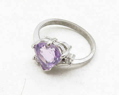 925 Sterling Silver  Love Heart Amethyst Shiny Band Ring Sz 5.5  RG12583