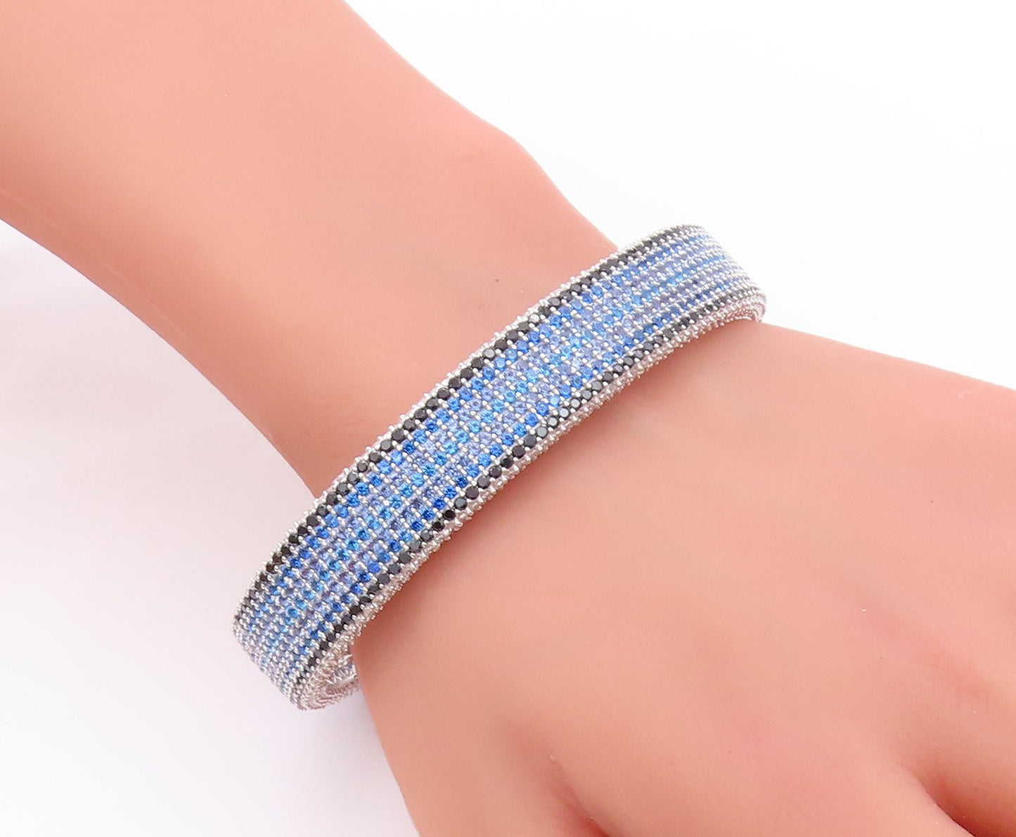 925 Sterling Silver Vintage Bracelet Designer Blue White CZ Spinel Cuff  BT11200