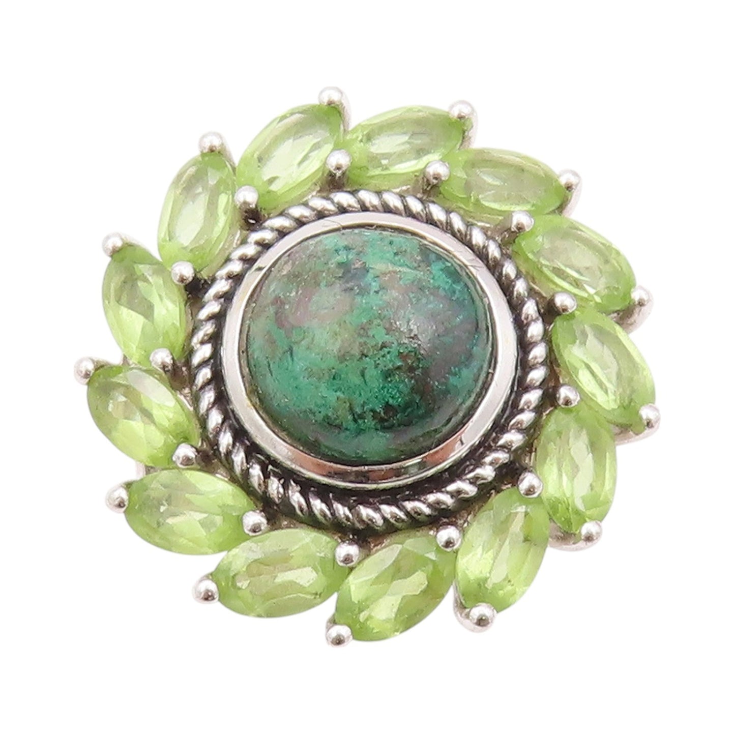 925 Sterling Silver Vintage Ring Eilat Halo Peridot Roped Flower Sz 5.5  RG32349