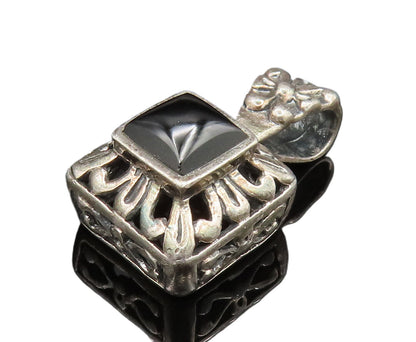 925 Sterling Silver  Vintage Square Black Onyx Scroll Work Pendant  PT20707