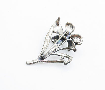 JEWELART 925 Silver Vintage Shiny Sculpted Flower Motif Brooch Pin BP2657