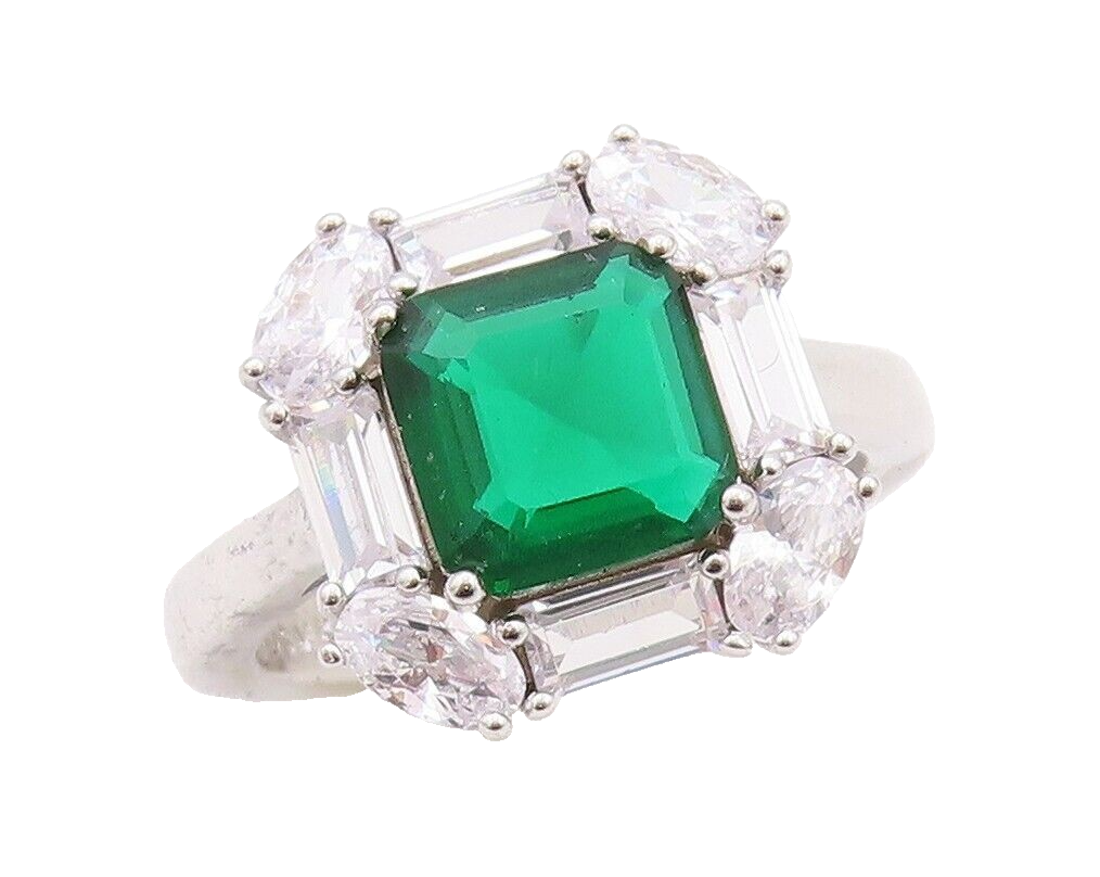 925 Sterling Silver Vintage Ring Square Green Halo White Topaz   Sz 7  RG30035
