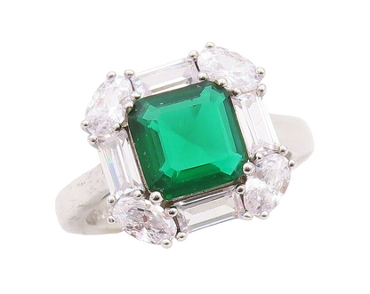 925 Sterling Silver Vintage Ring Square Green Halo White Topaz   Sz 7  RG30035