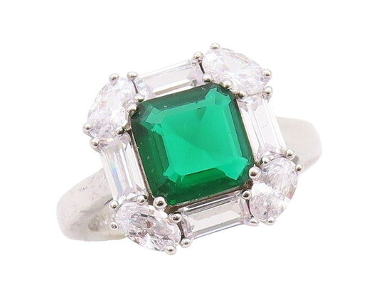 925 Sterling Silver Vintage Ring Square Green Halo White Topaz   Sz 7  RG30035