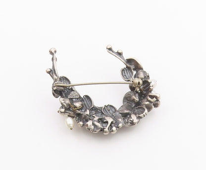 925 Sterling Silver  Vintage Petite Pearls Modernist Floral Brooch Pin  BP9111