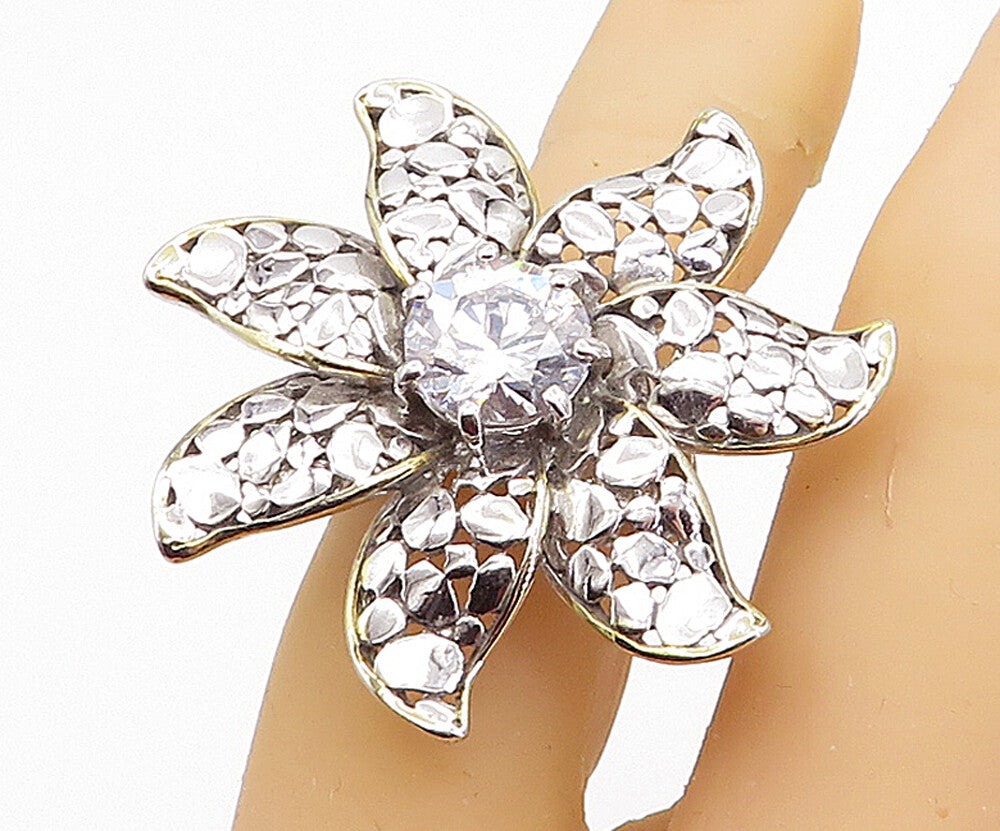 925 Sterling Silver  Cubic Zirconia Flower 2 Tone Cocktail Ring Sz 6  RG3629