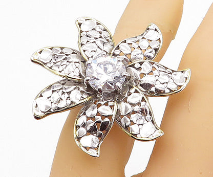 925 Sterling Silver  Cubic Zirconia Flower 2 Tone Cocktail Ring Sz 6  RG3629