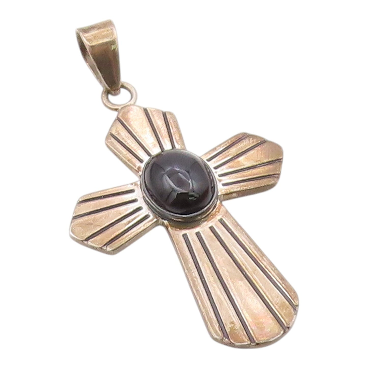 MEXICO 925 Silver  Vintage Cabochon Black Onyx Religious Cross Pendant PT14387