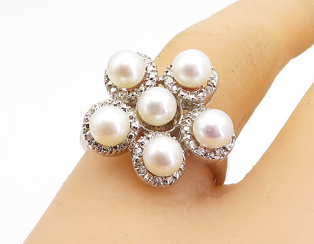 925 Sterling Silver  Freshwater Pearls Style Floral Cocktail Ring Sz 8  RG4114