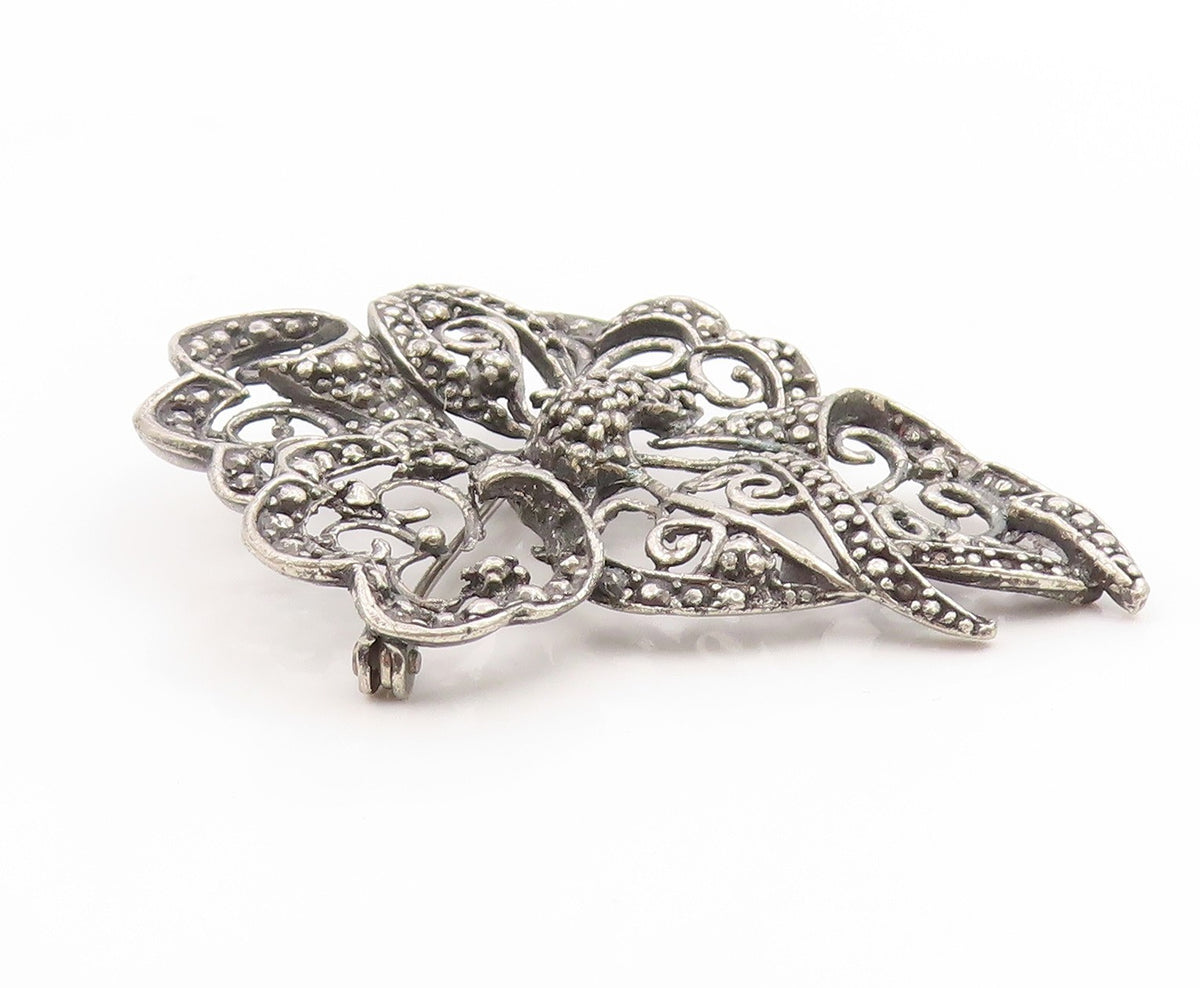 925 Sterling Silver Vintage Brooch Intricate Openwork Floral Design Pin  BP1002