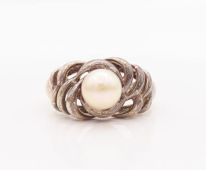 925 Sterling Silver Vintage Ring Cutout Swirled Neck Beaded Pearl  Sz 8  RG28290