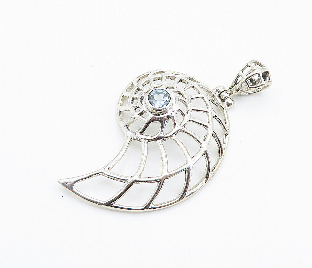925 Sterling Silver  Shiny Blue Topaz Shiny Open Snail Swirl Pendant  PT6096