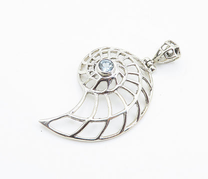 925 Sterling Silver  Shiny Blue Topaz Shiny Open Snail Swirl Pendant  PT6096