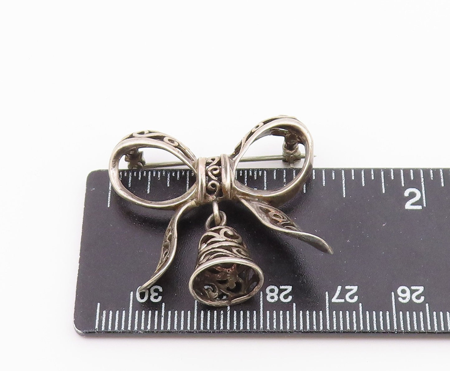 925 Sterling Silver  Vintage Bow Tied Swirl Ribbon & Bell Brooch Pin  BP7477