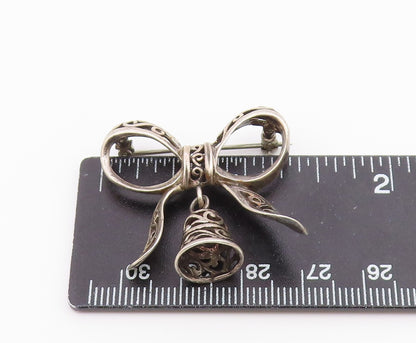 925 Sterling Silver  Vintage Bow Tied Swirl Ribbon & Bell Brooch Pin  BP7477