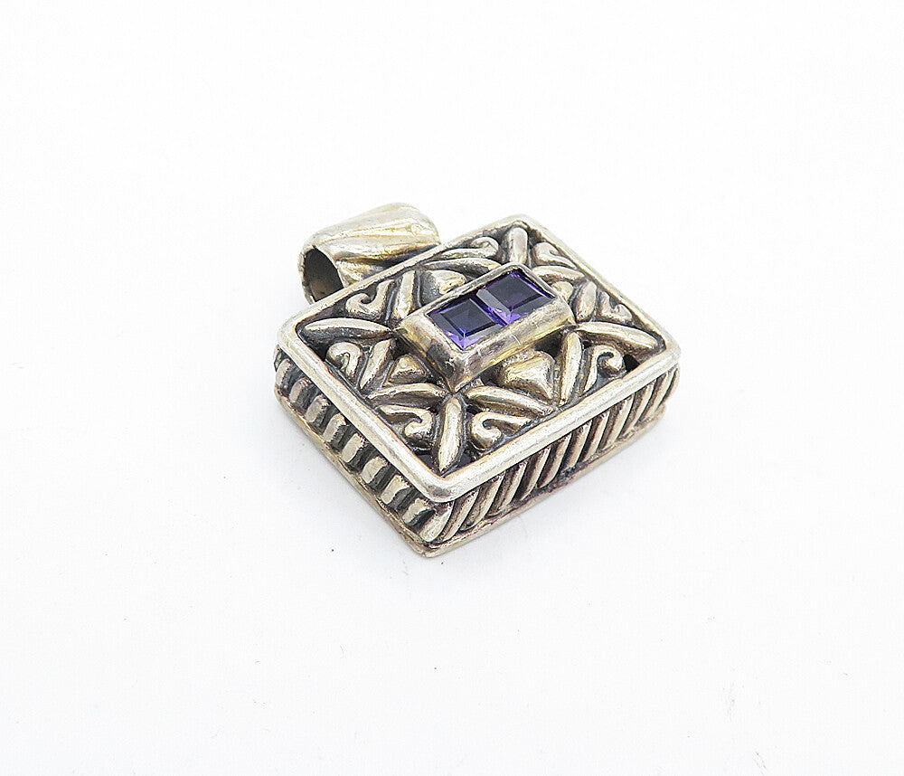 925 Sterling Silver  Vintage Amethyst Swirl Patterned Square Pendant  PT3288