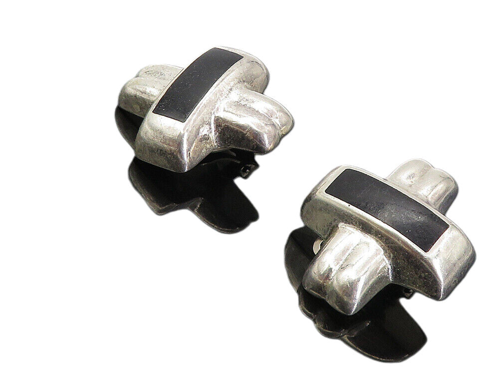 MEXICO 925 Silver  Vintage Black Onyx Crossed Non Pierce Earrings  EG4175