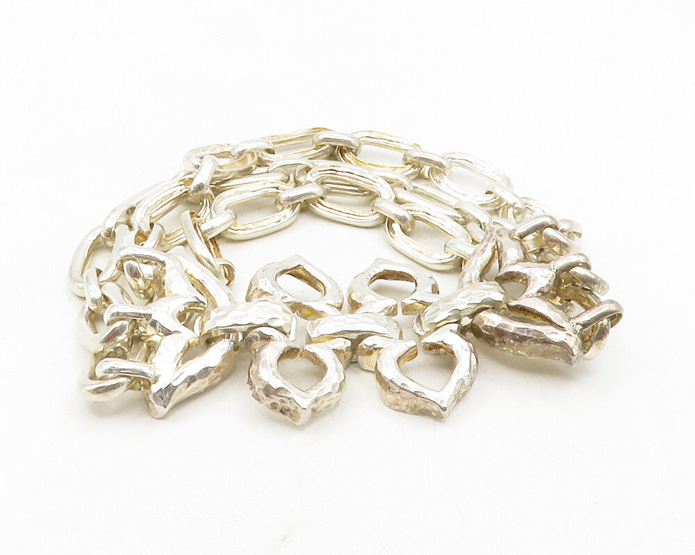 925 Sterling Silver  Vintage Shiny Hammered Flower Chain Bracelet  BT4656