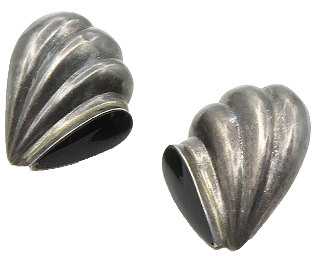 925 Sterling Silver  Vintage Black Onyx Fluted Dark Tone Drop Earrings  EG5189