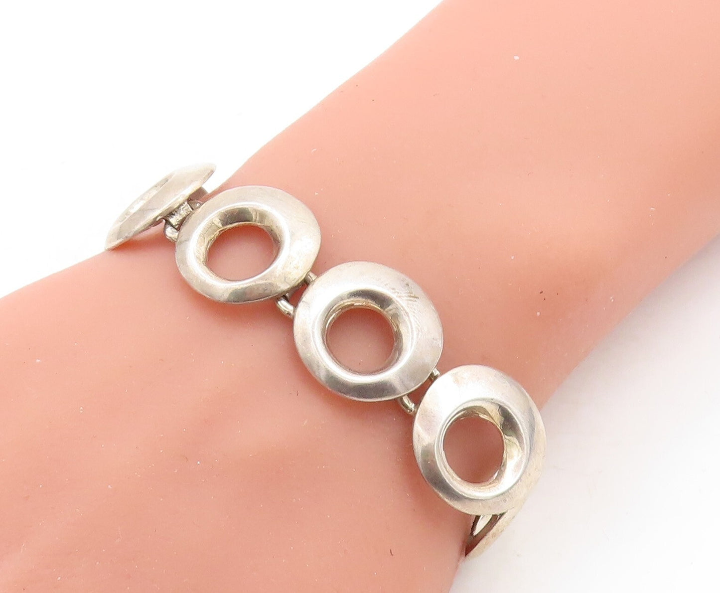 MEXICO 925 Sterling Silver  Vintage Shiny Circle Link Chain Bracelet  BT1610