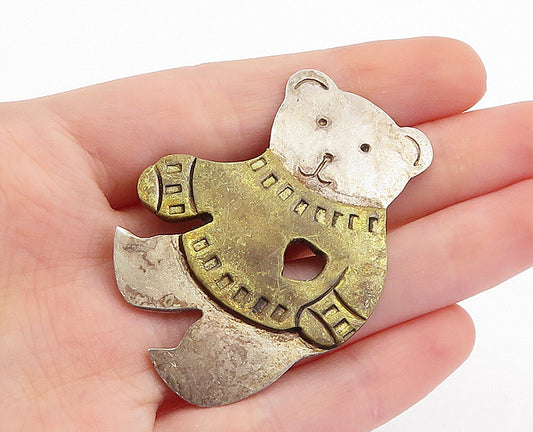 MEXICO 925 Sterling Silver  Vintage Two Tone Teddy Bear Brooch Pin  BP1897