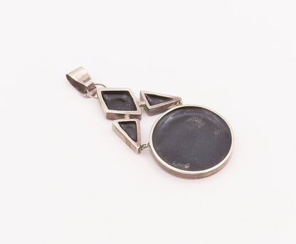 925 Sterling Silver Vintage Pendant Geometrical Shapes Cutout Inlay Onyx PT22840