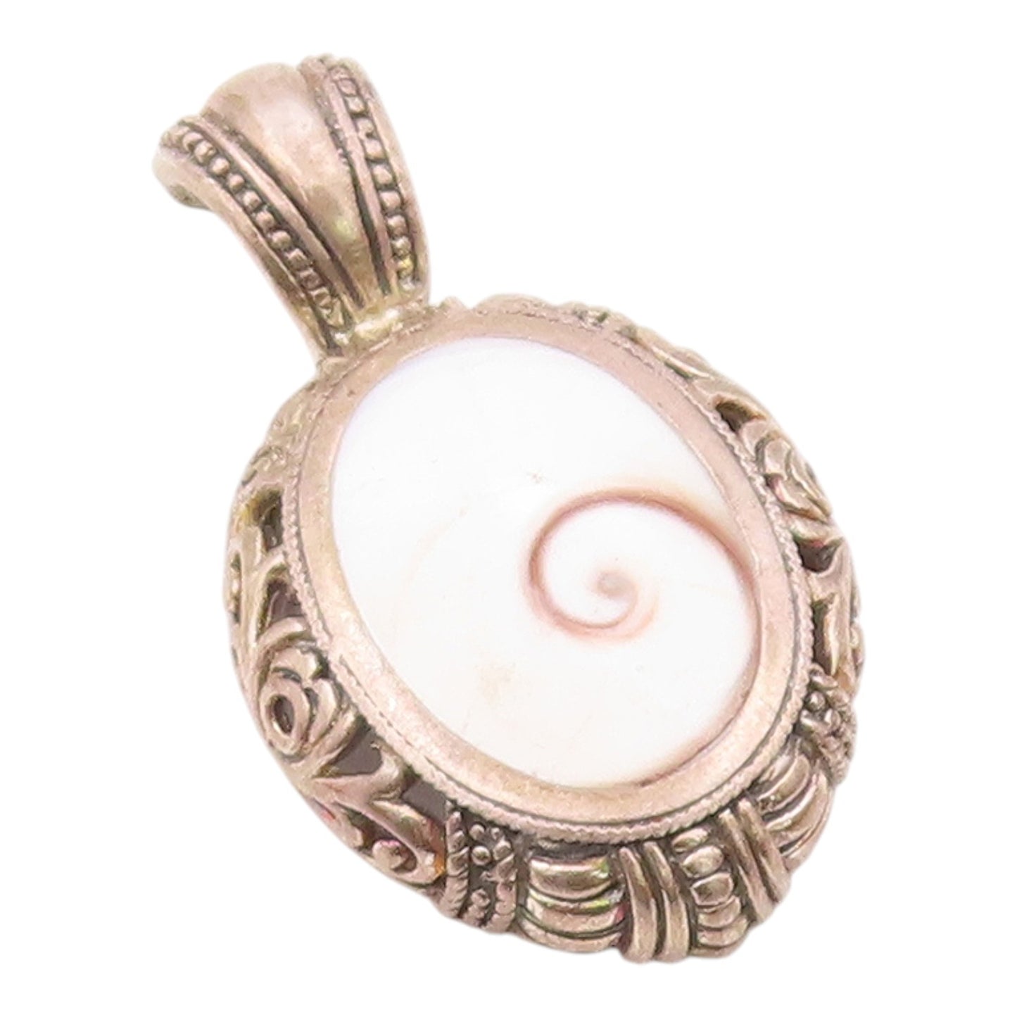 925 Silver  Vintage Unique Inlaid Shiva Shell Scroll Detail Pendant  PT21565