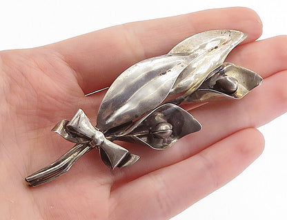 925 Sterling Silver  Vintage Ribbon Bow Tied Flowers Motif Brooch Pin  BP2062