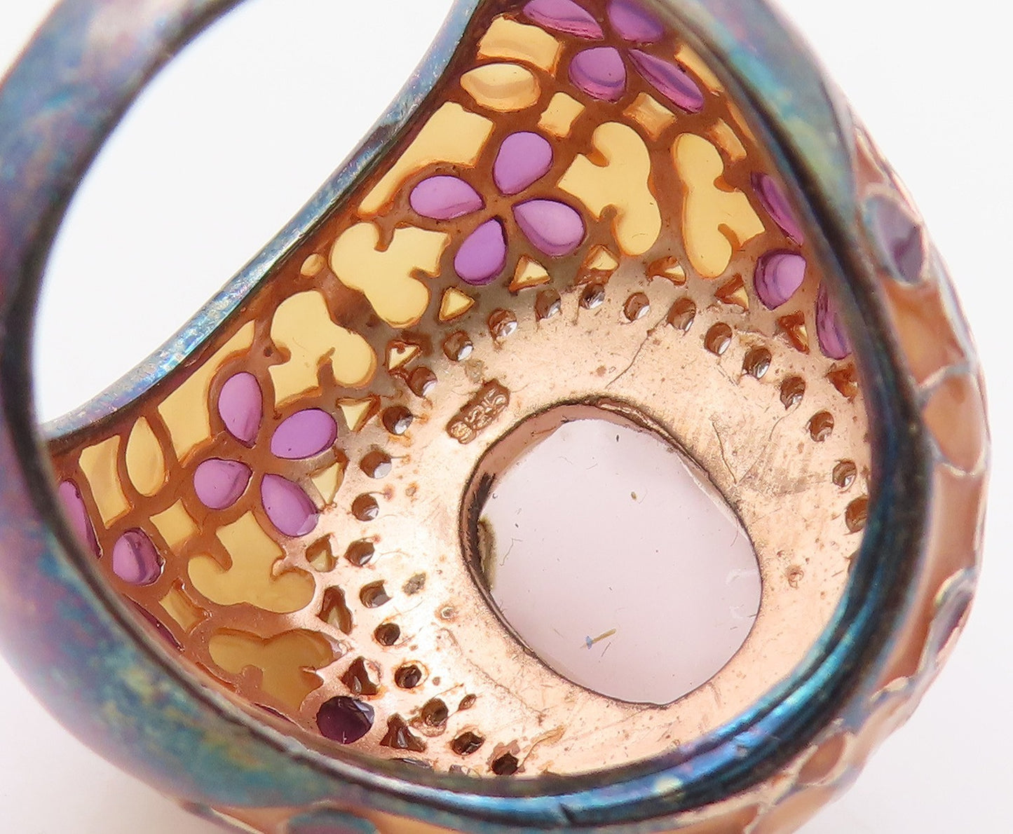 925 Sterling Silver Vintage Ring Floral Enamel Rose Quartz Band  Sz 8.5  RG36384