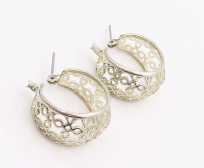 925 Sterling Silver Vintage Earrings Cutout Square Pattern Hoops  EG13087